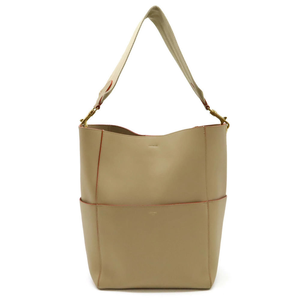 Celine Sau Sangle Bucket Bag Shoulder Hobo Leather Beige Cream Orange